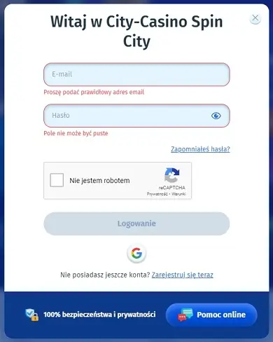 Formularz logowania do Spin City Casino